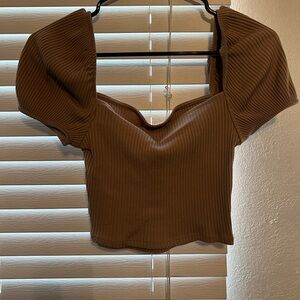 H&M Brown Ribbed Square Neck Blouse